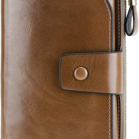 Women's RFID Blocking Large Capacity Luxury Wax Genuine Leather Clutch Wallet La